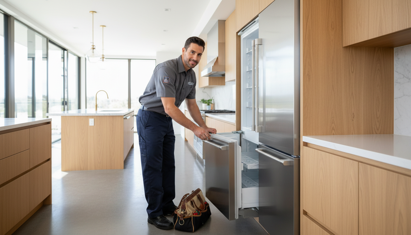 Technician inspecting a premium built-in refrigerator