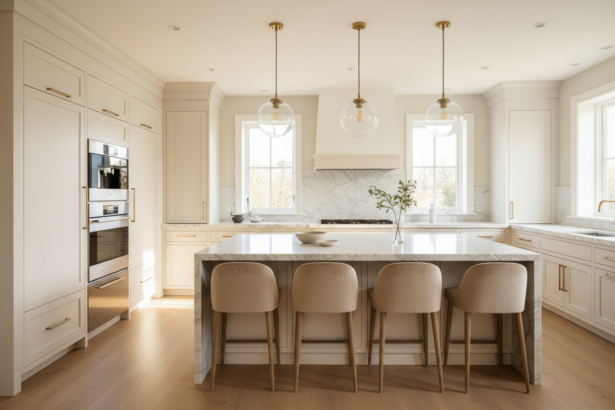 Upscale kitchen with integrated refrigerator and wall oven